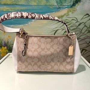 COACH Mia Beige and Chalk/Cream Signature Bag with Animal Print Handle